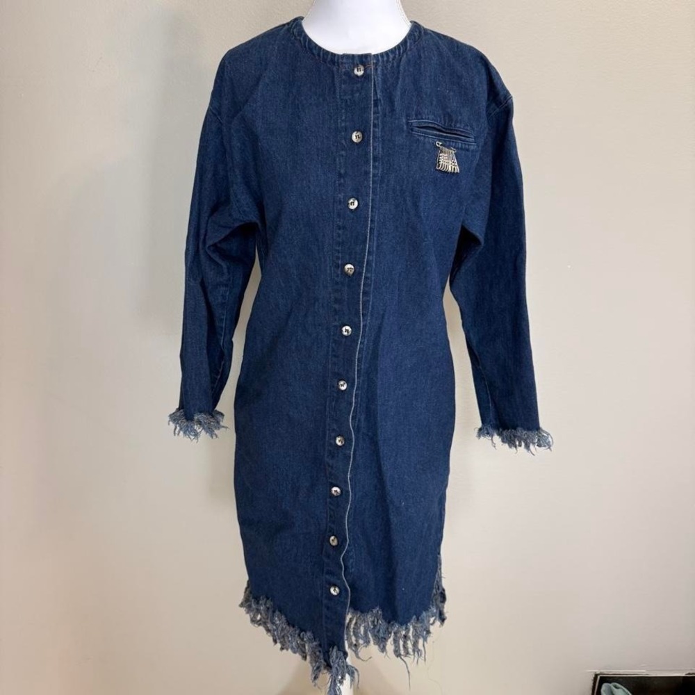 VTG Denim Shirt Dress Frayed Hem USA Pin Sz 7/8 Western Country Cowgirl